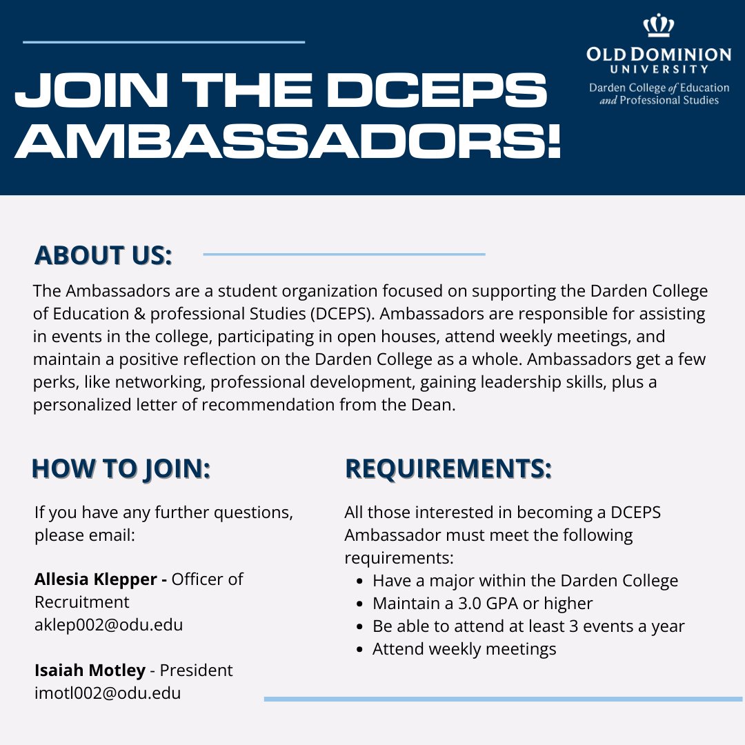 epsODU's tweet photo. Interested in becoming a student ambassador? Check out the form below: https://t.co/j3wHkWpzvv
#odu #dceps https://t.co/PAvblOK08k