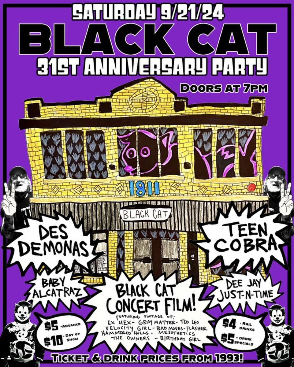 Black Cat (@blackcatdc) on Twitter photo The party will feature live sets from <a href="/desdemonasband/">Des Demonas</a> & <a href="/TeenCobra/">Teen Cobra</a> in the Red Room, vinyl favorites with DJ Baby Alcatraz & DJ Just-in-Time, and 1993 pricing for tickets, $4 rail drinks and $5 drink specials. The party will feature live sets from <a href="/desdemonasband/">Des Demonas</a> & <a href="/TeenCobra/">Teen Cobra</a> in the Red Room, vinyl favorites with DJ Baby Alcatraz & DJ Just-in-Time, and 1993 pricing for tickets, $4 rail drinks and $5 drink specials.