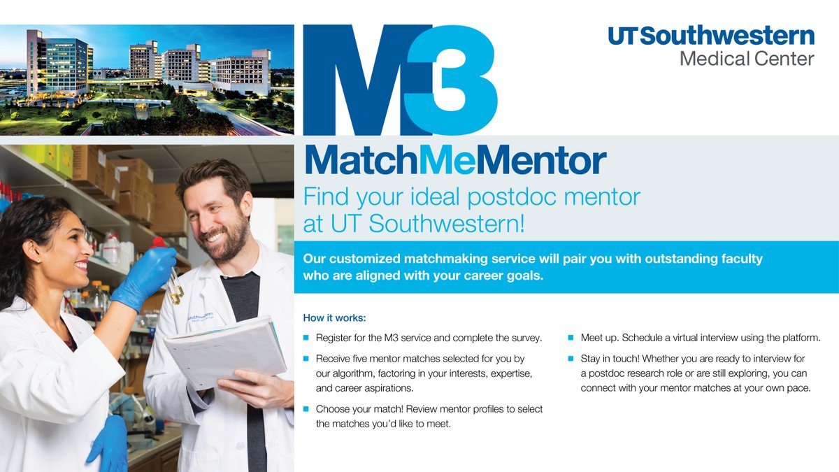 Find your mentor at #UTSW! MatchMeMentor is your connection for finding a postdoc mentor – fill out your profile to be matched today! bit.ly/3yBd49D