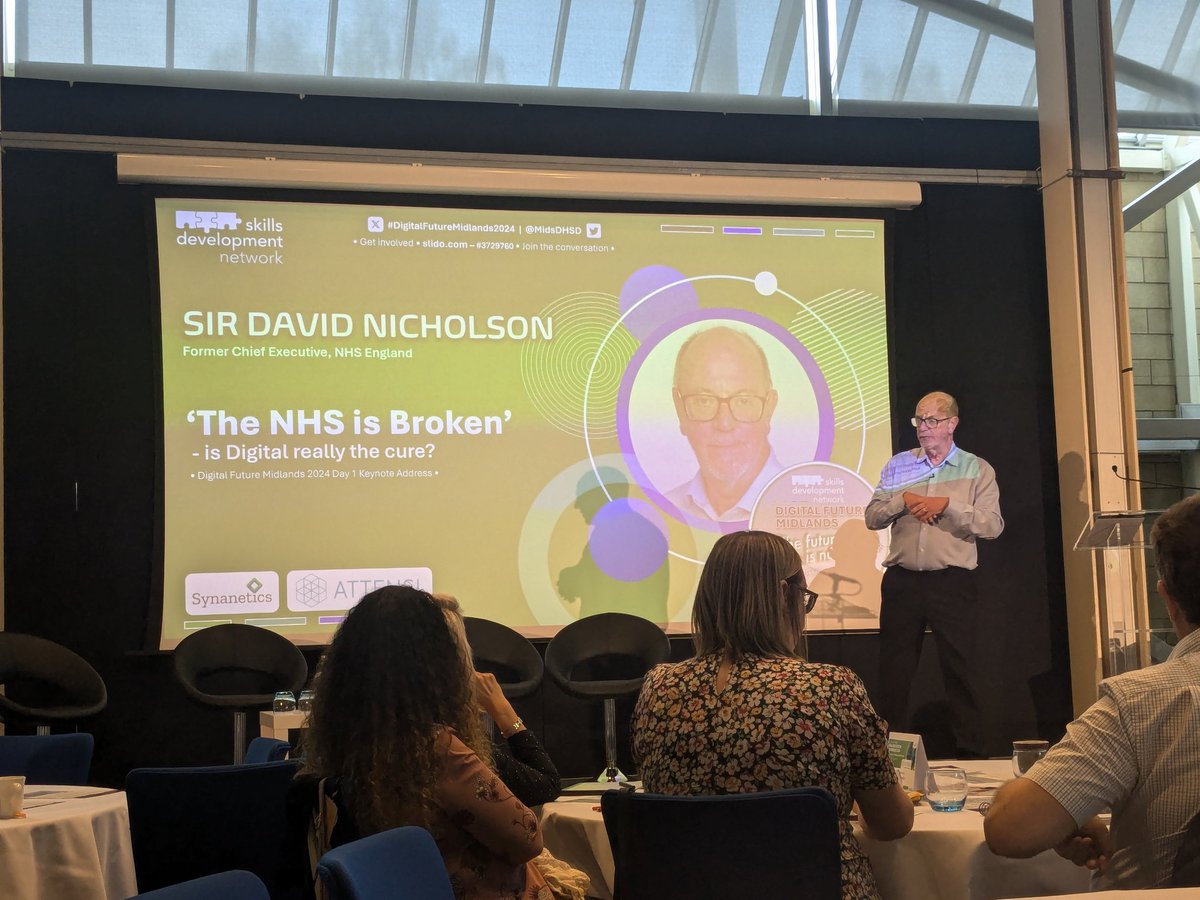 HoJan Senya (@hojansenya) on Twitter photo Keynote for day 1 of the #DigitalFutureMidlands2024 by Sir <a href="/DavidNichols0n/">david nicholson</a>
Challenges to colleagues in the NHS:
1. Empowering citizen
2. Keep service users in the community
3. Increase productivity
Guess what?
All of these can & will be addressed by using digital innovation! Keynote for day 1 of the #DigitalFutureMidlands2024 by Sir <a href="/DavidNichols0n/">david nicholson</a>
Challenges to colleagues in the NHS:
1. Empowering citizen
2. Keep service users in the community
3. Increase productivity
Guess what?
All of these can & will be addressed by using digital innovation!