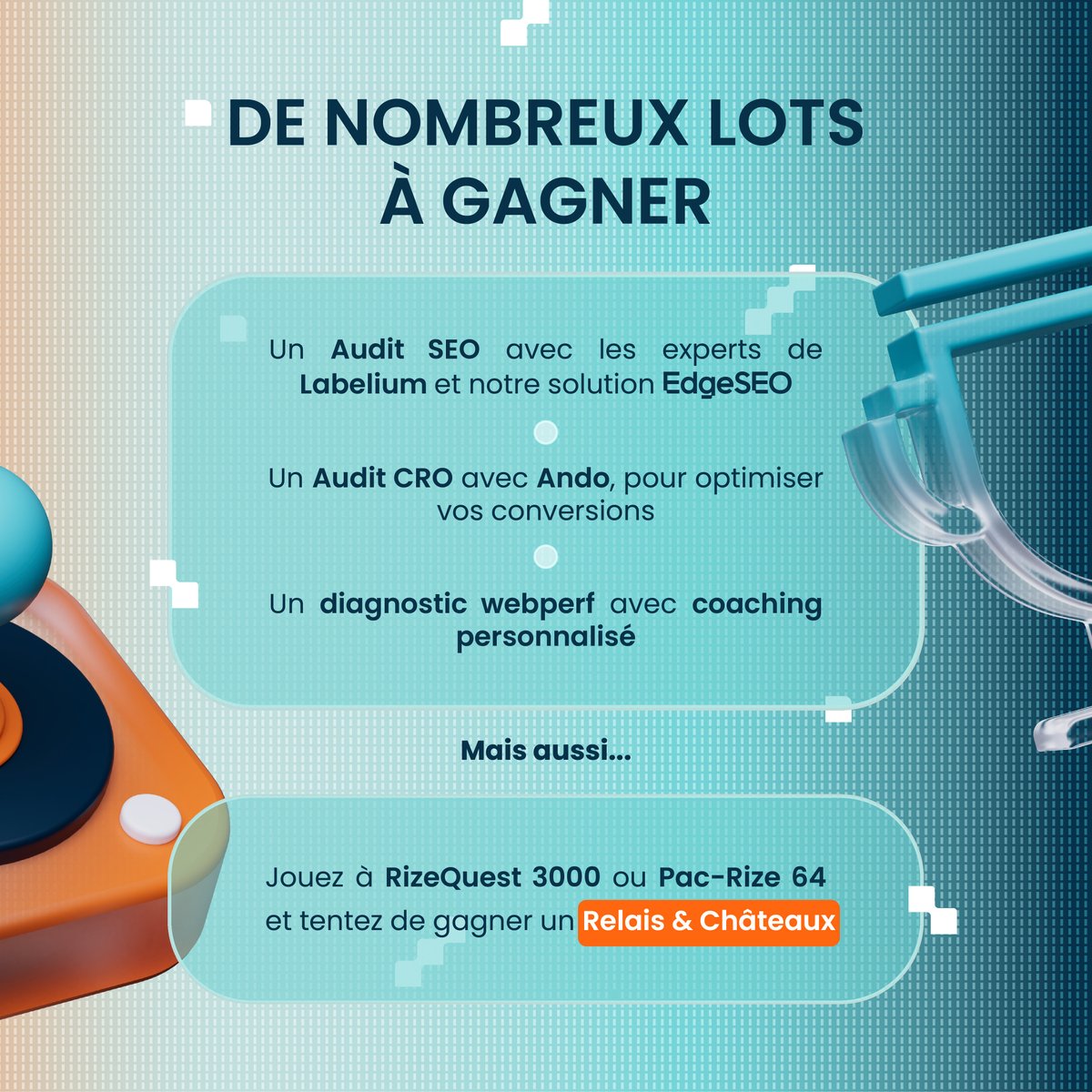 Fasterize's tweet photo. Gagnez des expériences uniques ! 🎁
🔎 Audit #SEO x @labelium et notre solution EdgeSEO
🛠️ Audit #CRO avec @AndoFactory
🏆 Diagnostic #webperf + coaching personnalisé
🎮 Jouez à RizeQuest 3000 ou Pac-Rize 64 et tentez de gagner un Relais &amp; Châteaux
Prêt ?
https://t.co/UwKgm4efFS https://t.co/nNbeNXzJB0