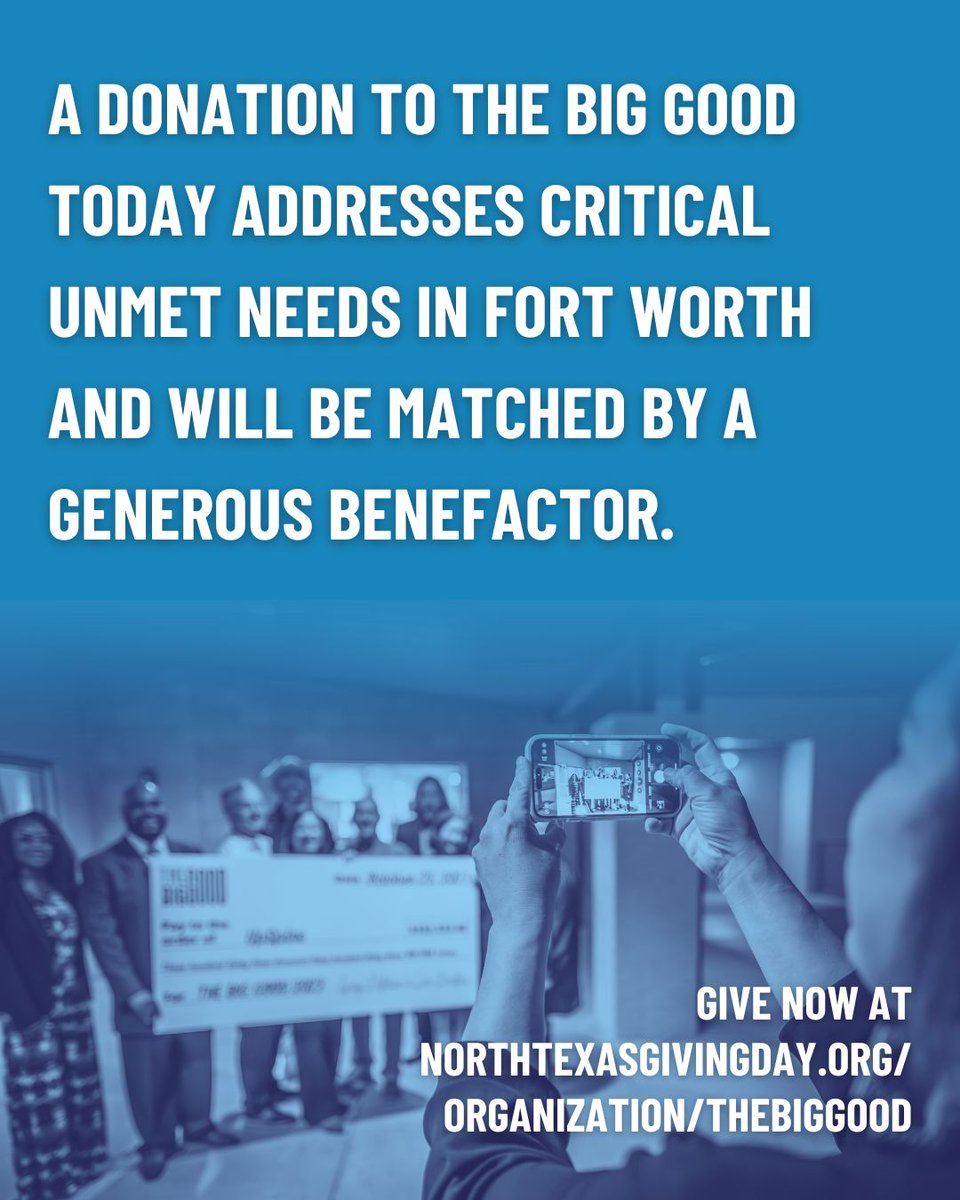 Happy #NorthTexasGivingDay! 🙌 Give back to the NTX community in its largest fundraiser with a gift to THE BIG GOOD today. All donations will address critical unmet needs in Fort Worth. Giving is open through the end of today!⁠ ⁠

Donate now! northtexasgivingday.org/donate/Thebigg…