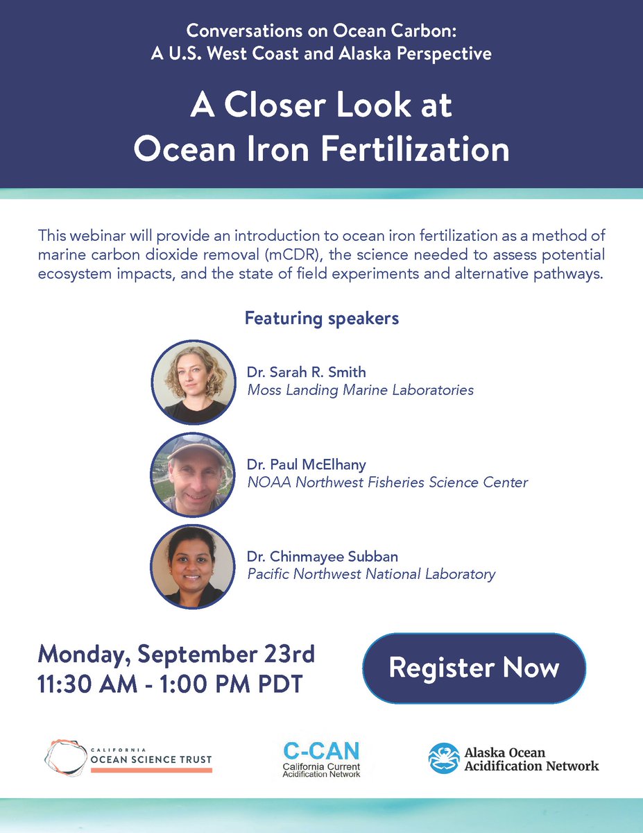Register by Monday! Join us 9/23 @ 11:30am PT for the next webinar in our series exploring marine carbon dioxide removal (mCDR). This webinar will provide an introduction to ocean iron fertilization as a method of mCDR. Register here: us02web.zoom.us/webinar/regist…