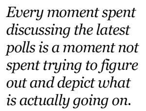 MediaBusters6's tweet photo. @froomkin Reminder:
Please stop paying attention to polls
They are all #Pollshit
The ONLY one that matters is Election Day
"Every moment spent discussing the latest polls is a moment NOT spent trying to figure out &amp; depict what is actually going on" https://t.co/mwaduZPLdc