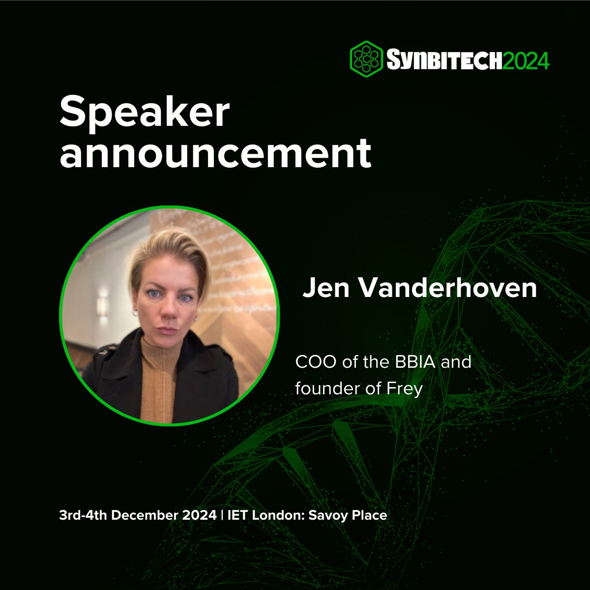 SynbiCITE's tweet image. We're pleased to announce that Jen Vanderhoven will be speaking at SynbiTECH 2024!
Jen is the COO of the BBIA, and runs her own successful consultancy, FREY.
To find out more about the #SynbiTECH24 programme and speakers visit synbitech.com
#SynbiTECH24 #SynBio
