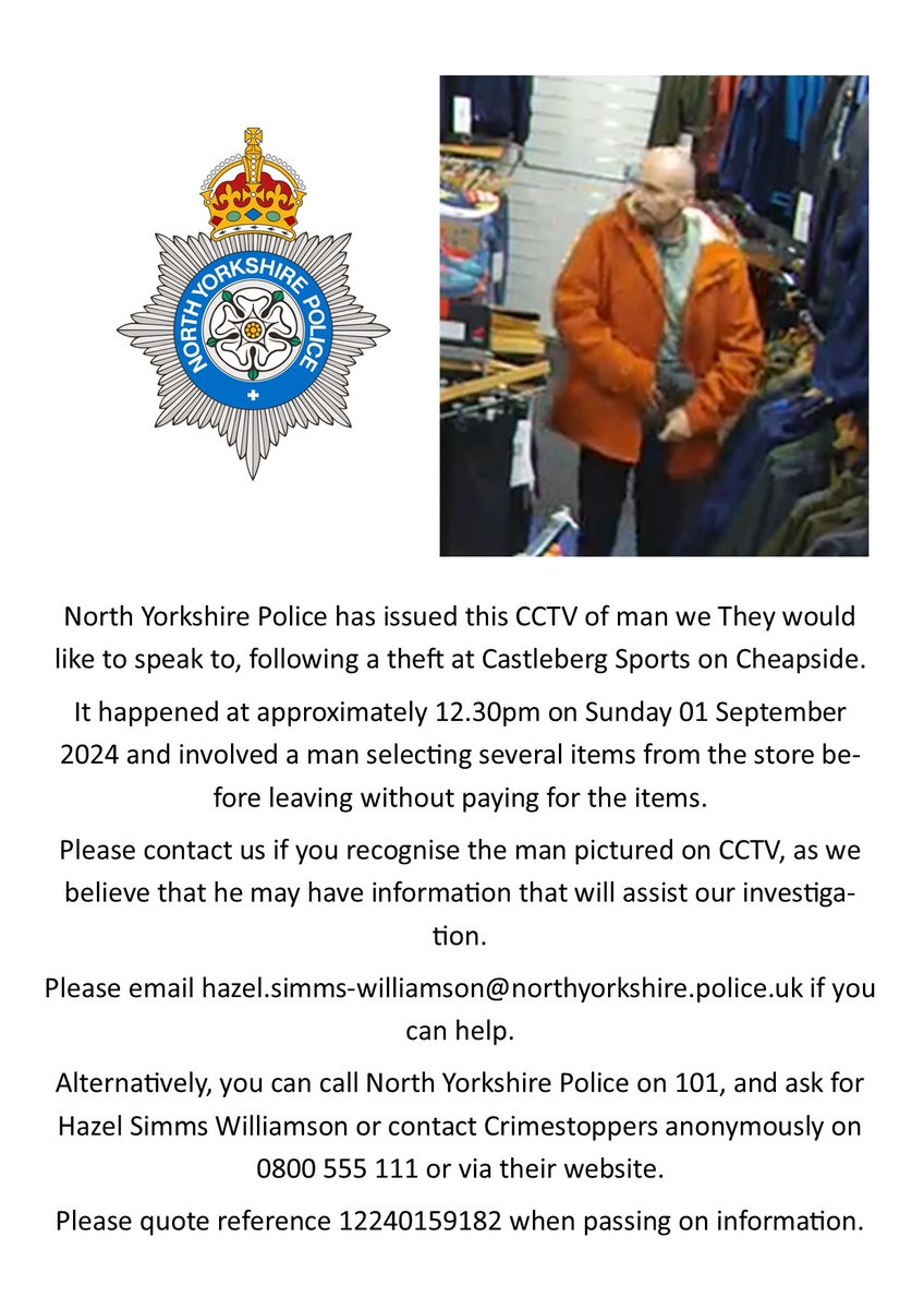 Castleberg's tweet image. North  Yorkshire police are looking into our case. If anyone has any  information regarding to who this man is please speak to the police.