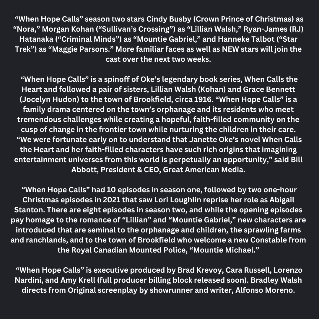 GAfamilyTV's tweet photo. Breaking News Alert! 🚨 We’re thrilled to announce the sequel to ‘When Hope Calls,’ starring @cindy_busby, Christopher Russell, Nick Bateman, Wendy Crewson, Hanneke Talbot, Morgan Kohan & RJ Hatanaka beginning production for a series premiere in January 2025 on Great American Family then streaming on @PureFlix 🙌 

Read more at https://t.co/ItWzpXfcwt