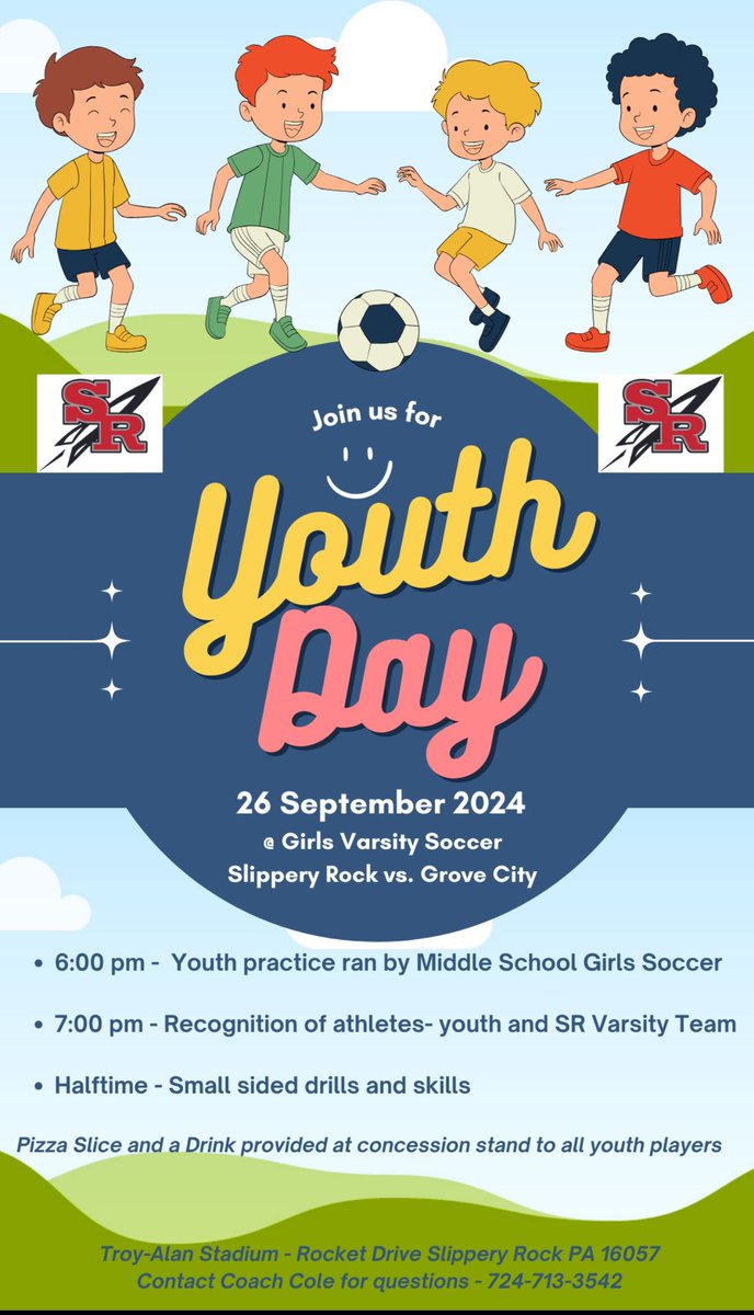 Slippery Rock Girls Soccer is sponsoring a Youth Night! Come out and support our up and coming Rockets!! <a href="/RocketSchools/">Slippery Rock Area</a> @GirlsSrhs <a href="/SRSD_Library/">Slippery Rock Library</a>