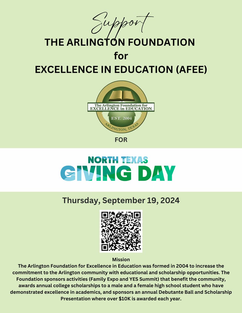 ArlingtonFEE04's tweet photo. HELP us reach our GOAL today. Scan the code below and donate to help award students scholarship money to attend college!! https://t.co/iLURL6LbDC