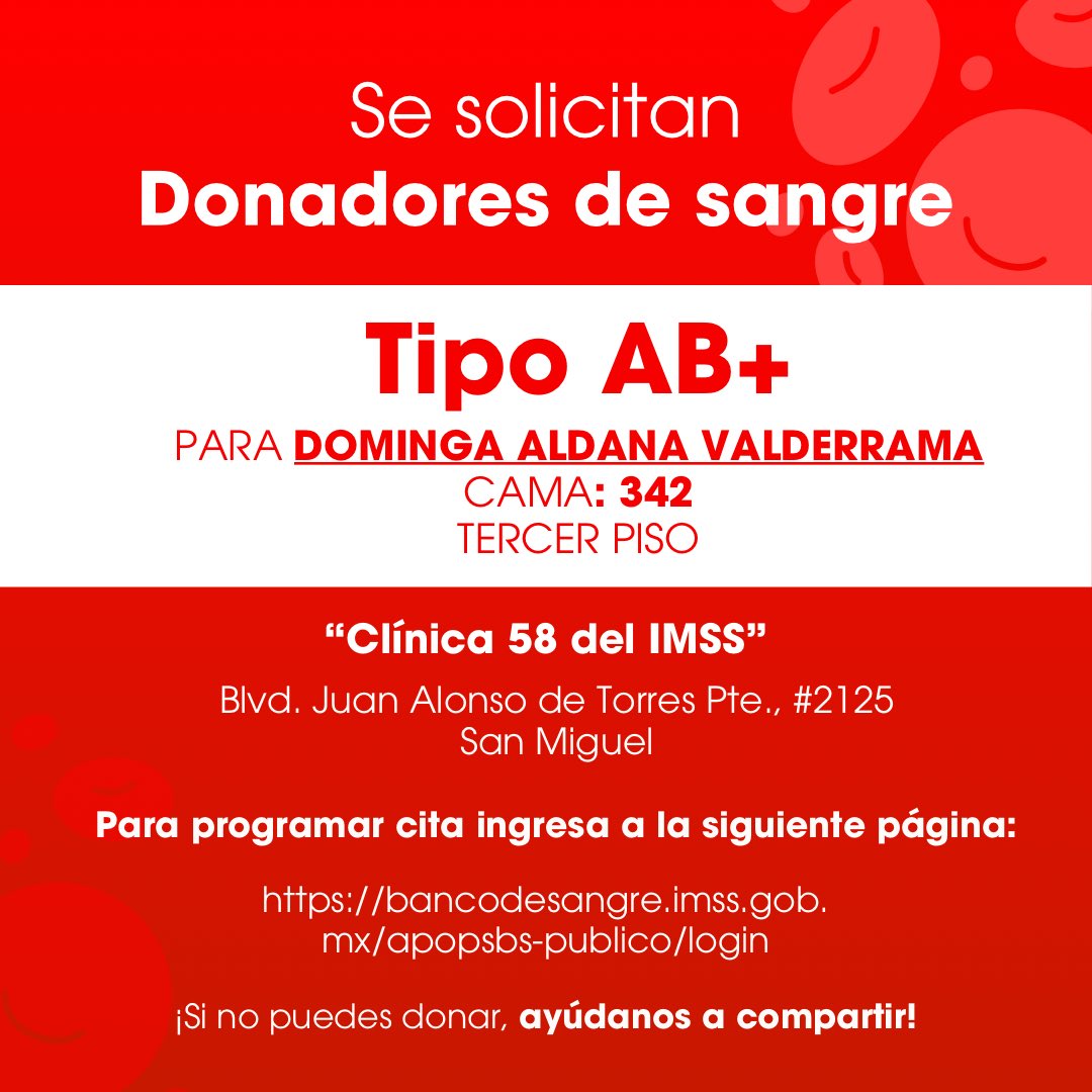 Mi abue necesita donadores de sangre. ¿Me ayudan a compartir?🆎➕💉🙏🏻 #RT 

Si hay alguna duda, escríbanme por DM. 💬🩸

¡Gracias!.