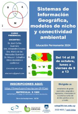 eduperfcien's tweet photo. Estimad@s,  Están abiertas las inscripciones para la pasantía  EP "Sistemas de Información Geográfica, modelos de nicho y conectividad ambiental".  INSCRIPCIONES: https://t.co/0op32MVTkX……………hasta el 10 de octubre. Matrícula: $1000 .  Adjuntamos más info. https://t.co/eGvEzGSbvy