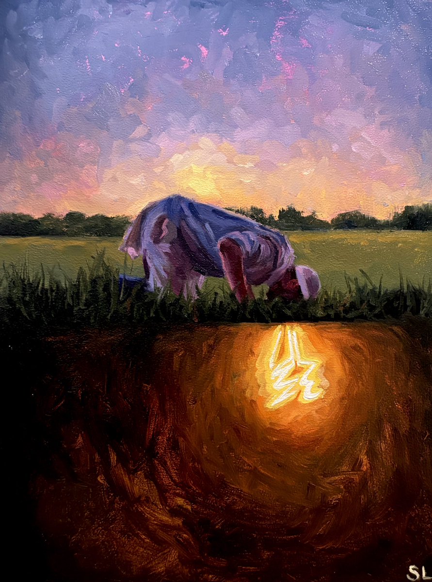 My painting of a Muslim praying. “Alternative Energy Source,” oil on panel