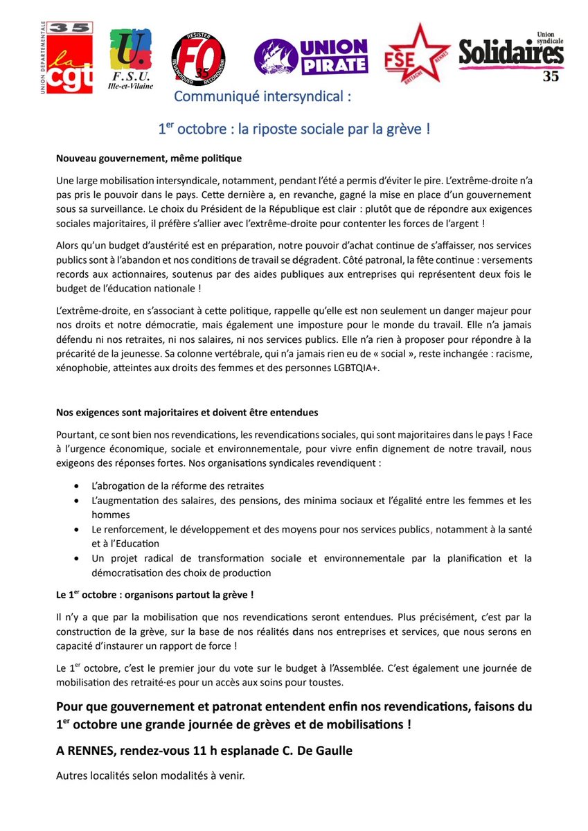 sudeduc35's tweet photo. SUD éducation 35 appelle à la grève jeudi 1er octobre 
📢 11h place Charles de Gaulle à Rennes https://t.co/lqL9luwCPD
