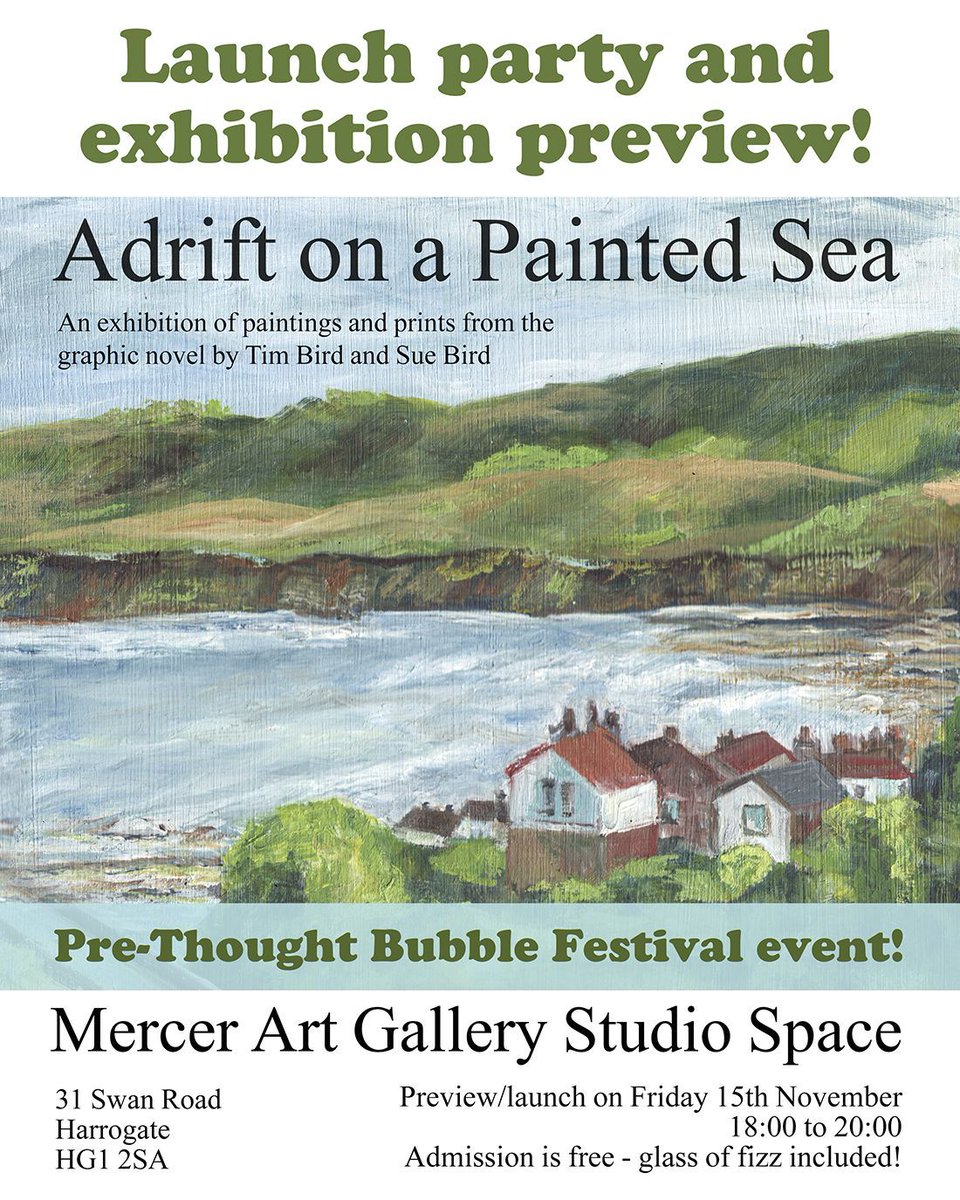 Join us for the official launch of Adrift on a Painted Sea on Fri, Nov 15, 6-8pm at the exhibition preview! Enjoy a glass of fizz &amp; get your copy signed by author @T_J_Bird! 

More information about this lovely <a href="/ThoughtBubbleUK/">Thought Bubble Festival</a> event here: buff.ly/3ZwDiVF