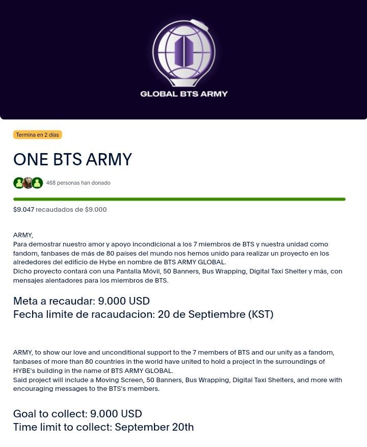 BTSXRADIOSCHILE's tweet photo. 🌐BTS ARMY GLOBAL PROJECT🌐

ARMY! logramos la meta 🫂💜
Los animamos a continuar donando, los fondos extras serán destinados a agregar mas elementos al proyecto y hacer una donación a UNICEF/ONG en nombre de BTS ARMY GLOBAL 

🔗https://t.co/l3Whn2ZTW8 

🔑ONE BTS ARMY
BTS IS 7 https://t.co/yELDBIrYDW
