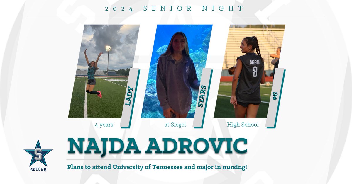 SiegelSoccer's tweet photo. #8, Najda Adrovic! Her advice to current and future athletes, "Everything will work out! Live in the moment, don't dwell on the past nor the present!" We know she will do great things in her next chapter and glad we were a part of this one #onceastar https://t.co/p1zmrC8JjC
