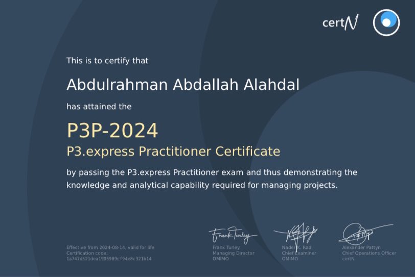 ولله الحمد حصلت على الإعتماد الدولي في منهجية إدارة المشاريع #P3P

تعتمد المنهجية على تبسيط المشاريع وإدارتها بنموذجية وكفاءة عالية ✨