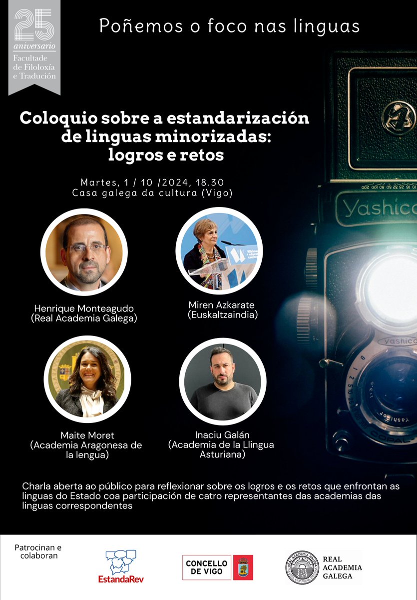 O 1 de outubro poñemos as galas para falar de estandarización das linguas. Con xente marabillosa. Casualmente todas de academias da lingua. Hai nivel!😎Vinde! 
<a href="/Estandarev/">Proyecto Estandarev</a> <a href="/AcademiaGalega/">Real Academia Galega</a> <a href="/inaciugalan/">Inaciu Galán</a> <a href="/MoretMaite/">Maite Moret</a> <a href="/QuiqeMonteagudo/">Henrique Monteagudo</a> <a href="/euskaltzaindia_/">Euskaltzaindia</a> <a href="/AAL_Academia/">Academia Aragonesa de la Lengua</a> <a href="/ALLA_ast/">Academia de la Llingua Asturiana</a>
