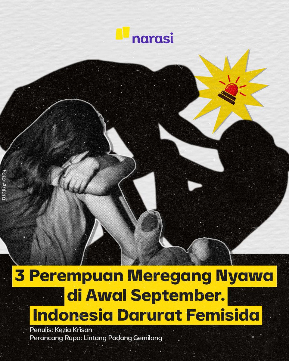 NarasiNewsroom's tweet photo. Pembunuhan terhadap perempuan makin mengkhawatirkan banget. 

Bayangin, di awal bulan September udah ada 3 pembunuhan yang korbannya adalah perempuan. 😰 https://t.co/rZx062pBPA