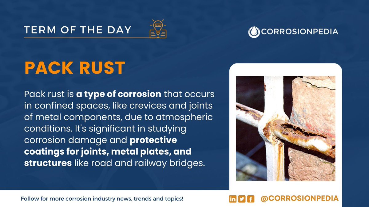 corrosionpedia's tweet image. Pack rust refers to an electrochemical reaction that results in rust formation within the joints and packs of ferrous metal sheets.
Learn more: buff.ly/4d8o1NP

#PackRust #CorrosionDamage #MetalProtection #CreviceCorrosion #StructuralIntegrity