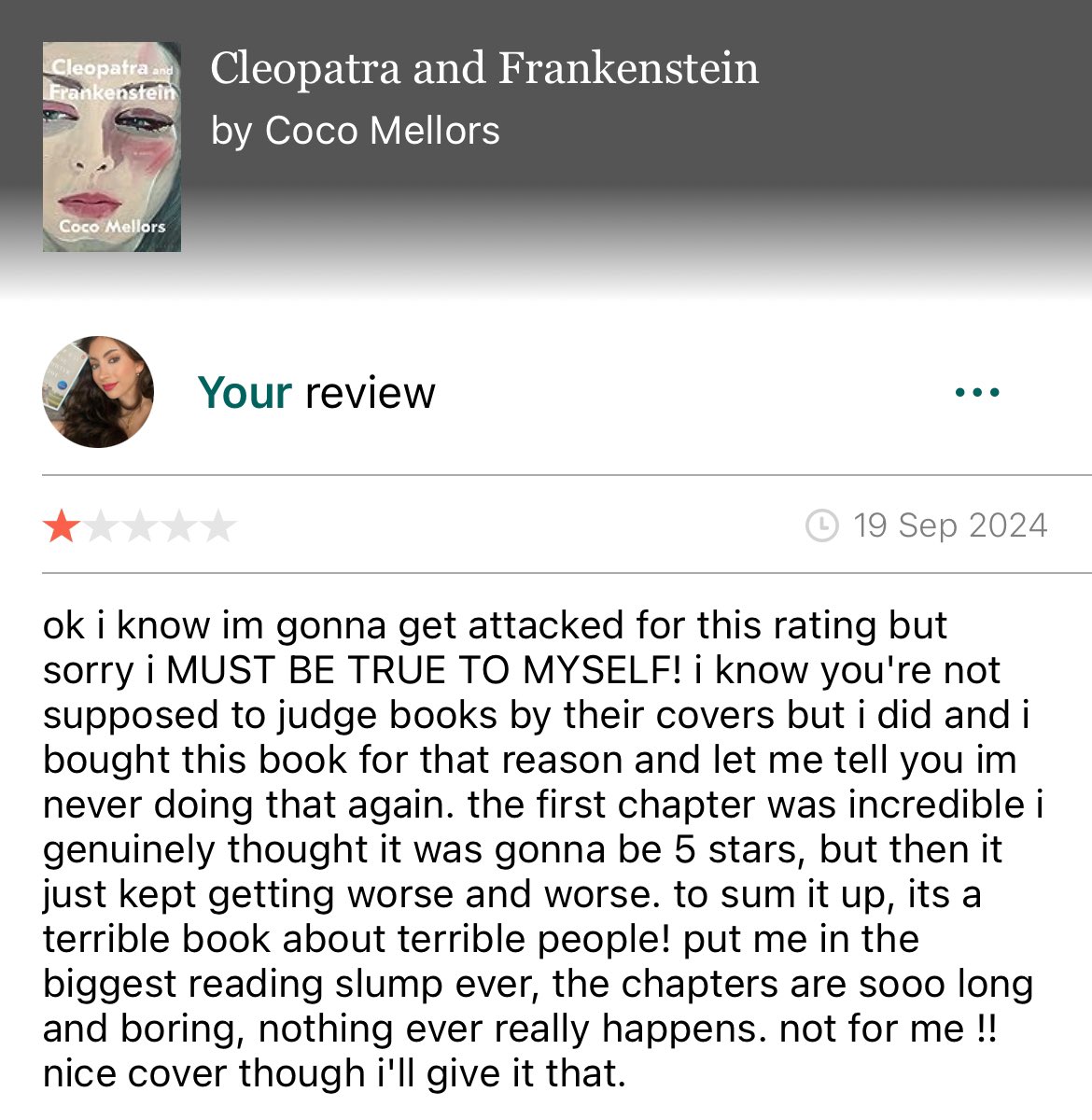 My review of "Cleopatra and Frankenstein" : ⭐/⭐⭐⭐⭐⭐