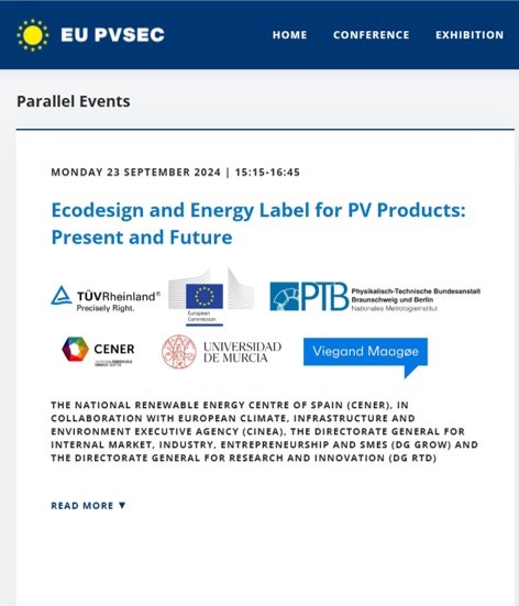 CENER_Energia's tweet photo. 📢 Join us next Monday at @EUPVSEC 2024!
#Ecodesign an #EnergyLabel for #PV products
More info 👉 https://t.co/SBhIYUftmo
@cinea_eu #DGGROW #DGRTD of the @EU_Commission
#Horizon2020 https://t.co/gjstdhiO5N