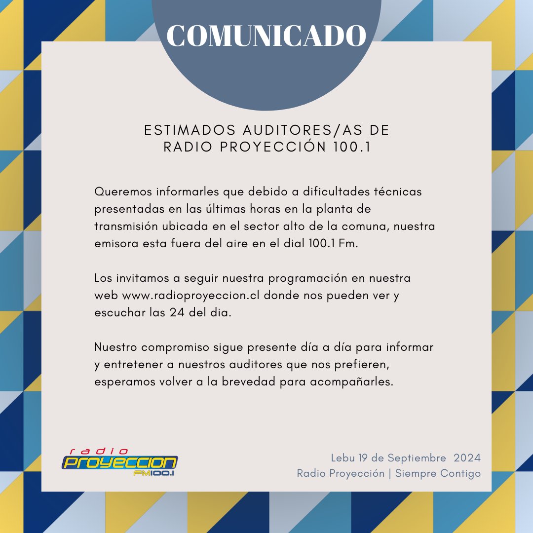 RadioProyeccion's tweet photo. COMUNICADO DE RADIO PROYECCIÓN 100.1 SIEMPRE CONTIGO https://t.co/vJILzCH37D