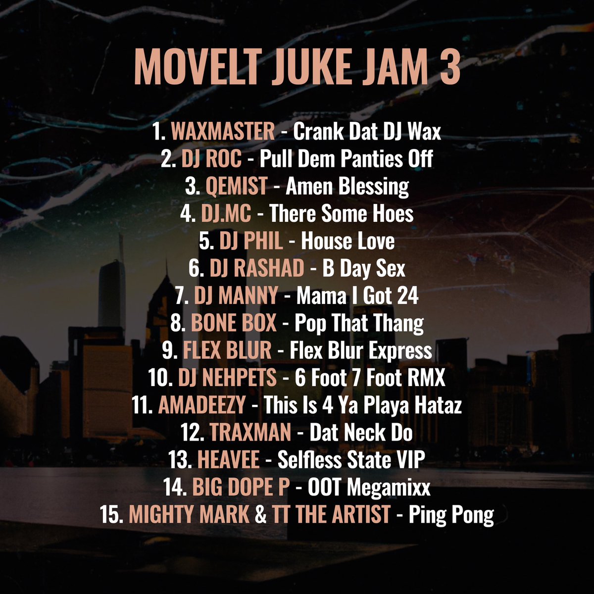 🔉 MOVELT JUKE JAM 3 🔉

out now : album.link/MJJ3

once again celebrating the best club genre ever with this selection of Juke classics, rare gems and new tracks from Chicago legends and International heavyweights