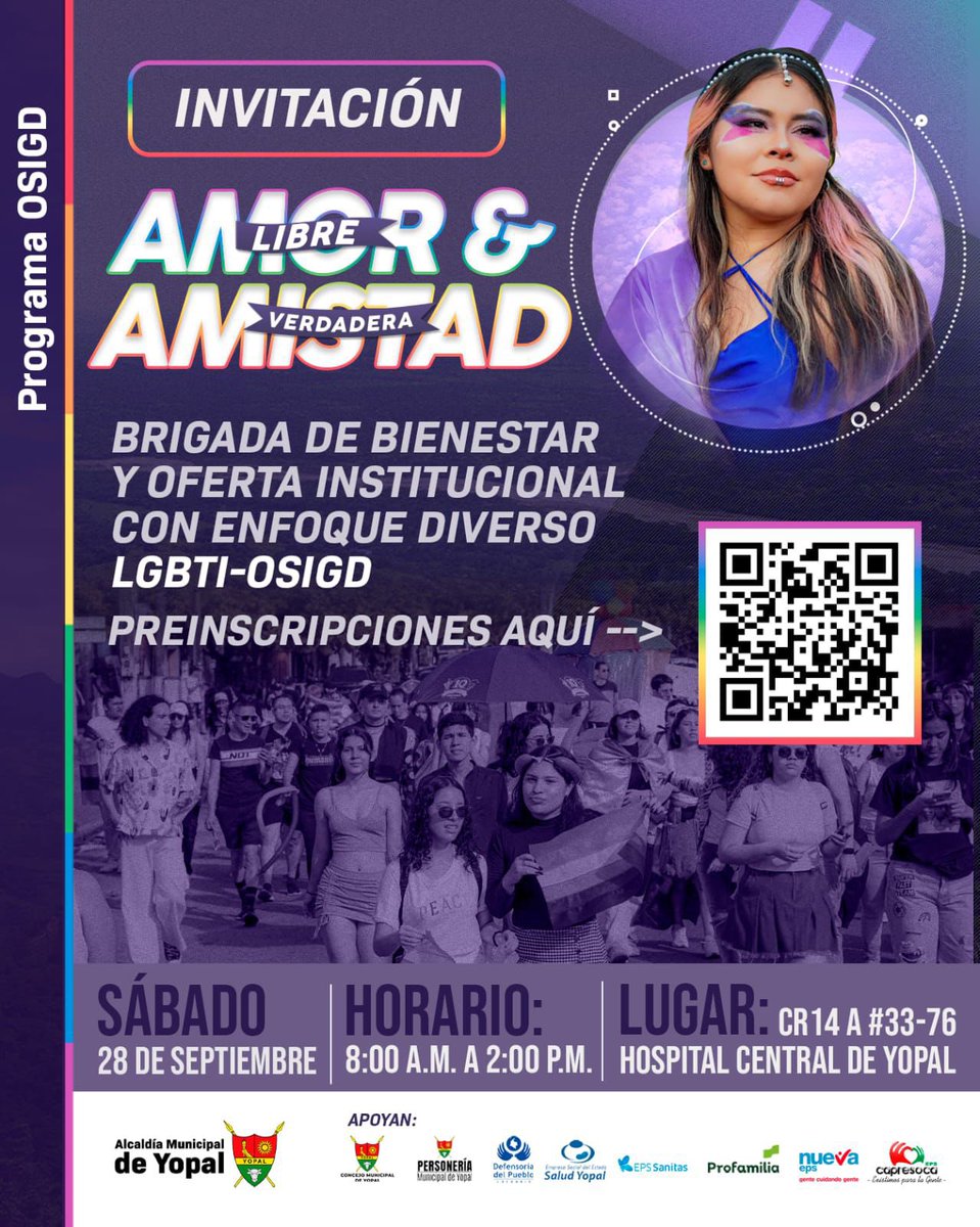 Llega la primera Brigada de Bienestar con Enfoque Diverso a Yopal. 🌈 Un espacio en el que se brindará atención integral para la comunidad LGBTQ+.

¡No te quedes sin tu cita! Realiza tu pre-inscripción!

👉 forms.gle/m6YP4BE8cSeZM5…