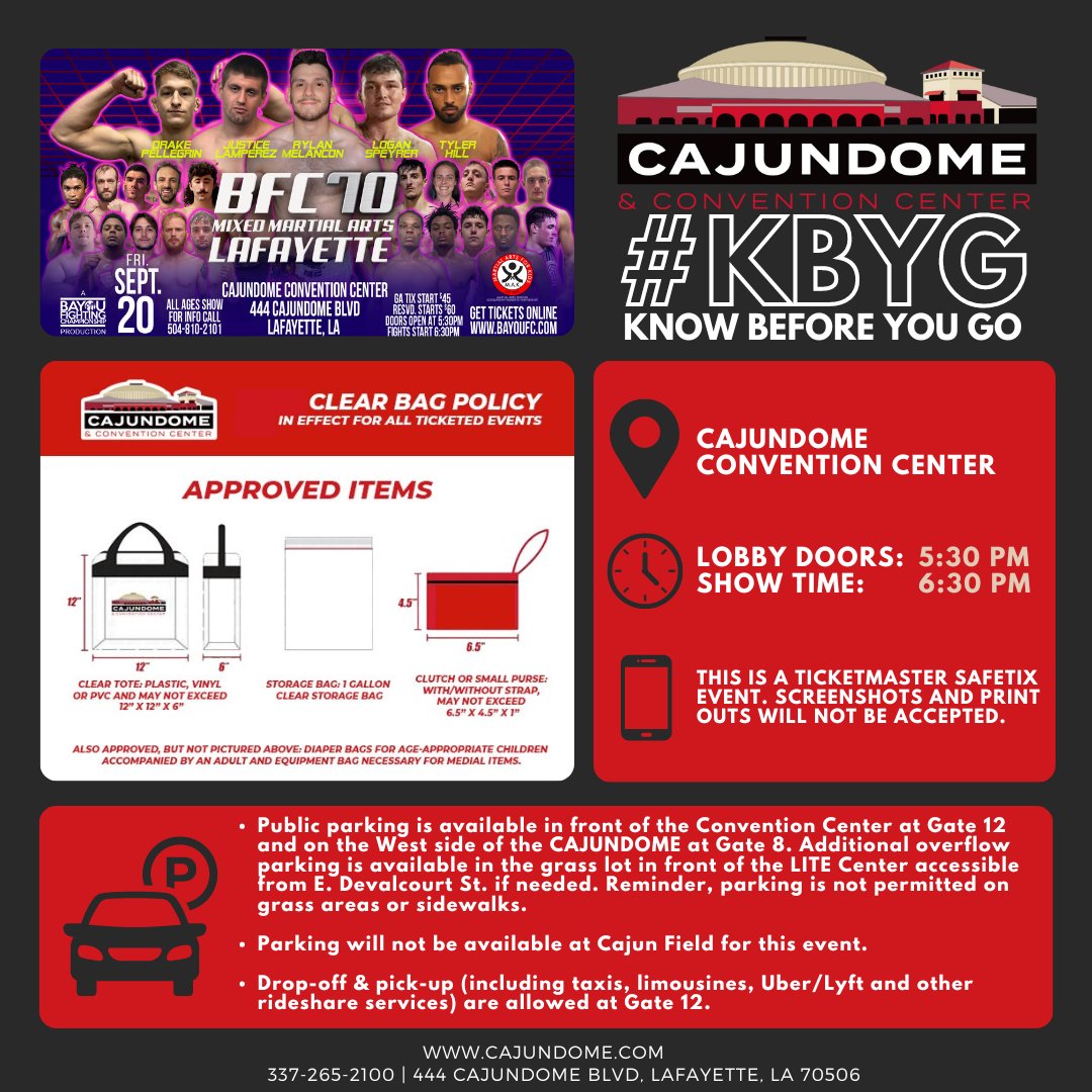 #KnowBeforeYouGo

Bayou Fighting Championship MMA and Boxing returns to the CAJUNDOME Convention Center for BFC70 LIVE on Friday, 9.20 + appearance by 💎Dustin Poirier! Hurry and grab your tickets now! You won’t want to miss this!

cajundome.com/events/detail/…
