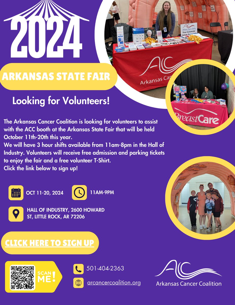 The ACC is looking for volunteers to assist with the ACC booth at the Arkansas State Fair. We will have 3 hour shifts available from 11am-8pm in the Hall of Industry. Volunteers will receive free admission and parking tickets, etc.
Click here to signup: surveymonkey.com/r/QW97GZ9