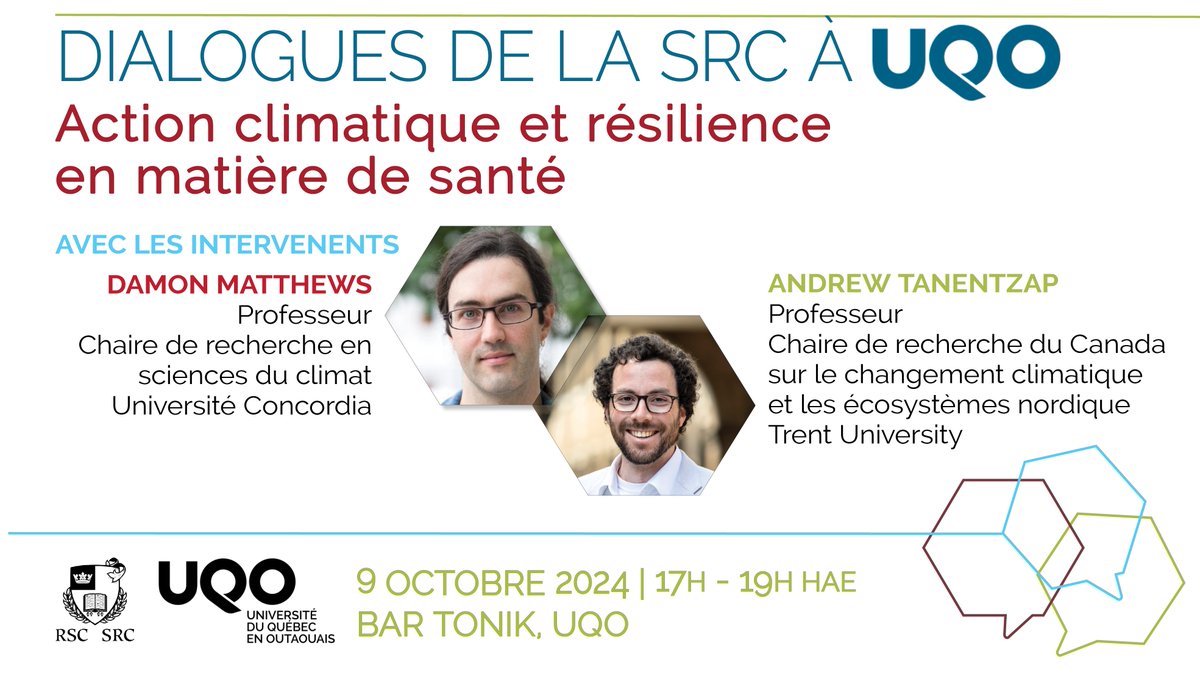 Soyez des nôtres à l’<a href="/UQO/">UQO</a> pour le premier volet des Dialogues de la SRC @ UQO! Les membres du Collège de la SRC <a href="/damon_matthews/">Damon Matthews</a> et Andrew Tanentzap exploreront l’action climatique et sa contribution au bien-être humain. 🌎

🔗 Inscrivez-vous ici : bit.ly/4e5ATFL