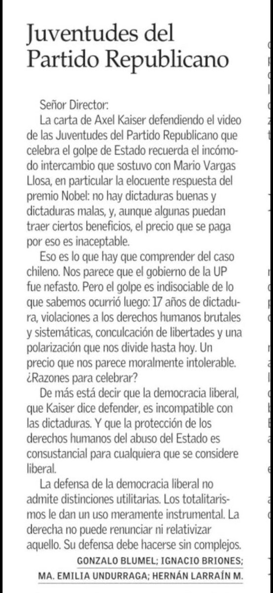 ignaciobriones_'s tweet image. Democracia liberal, golpe, dictadura y una mirada desde la centro derecha:
Carta publida hoy en @ElMercurio_cl en respuesta a @AXELKAISER
PD:Debatir con altura entre posturas disimiles es valioso. Por eso, si va twittear,un argumento enaltece su persona y un insulto la degrada.