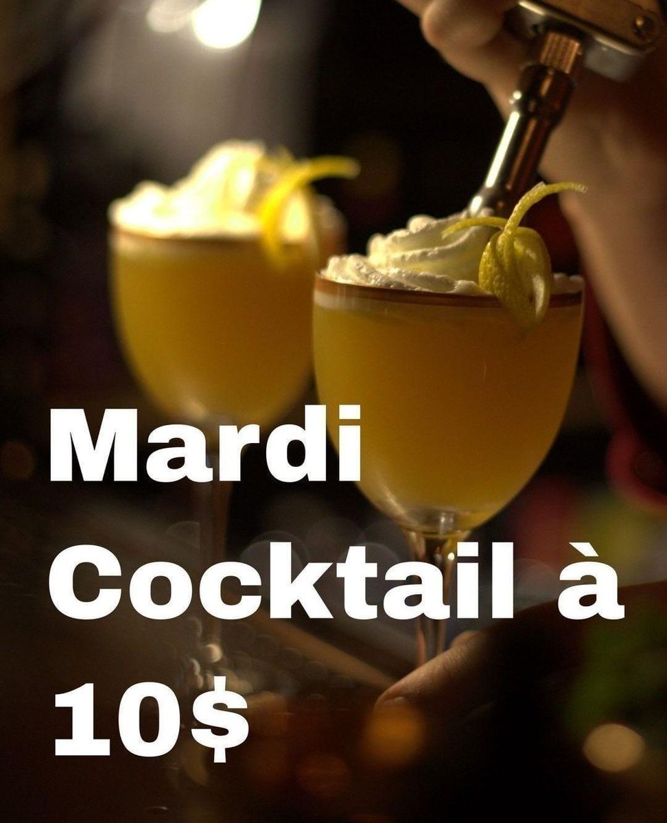 BarBootlegger's tweet image. Ce n’est pas une mauvaise idée de venir profiter de notre nouvelle promotion de tous nos cocktails de la carte création à seulement 10$ ⁠
⁠
- Tous les mardis ⁠
- Tous les cocktails créations de notre carte régulière offerts à 10$ ⁠
- À partir de 19h jusqu’à la fermeture. ⁠