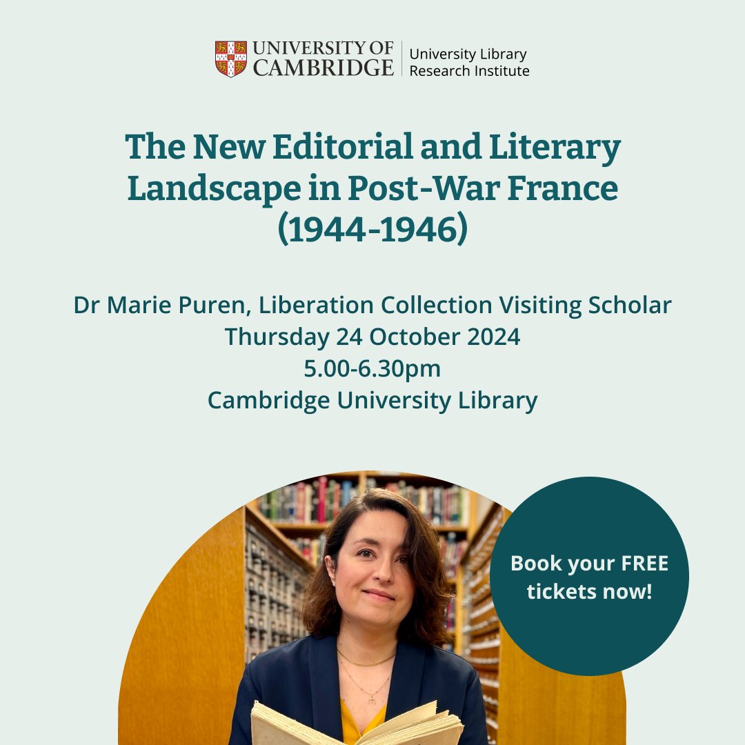 Tickets are now live for Dr Marie Puren's talk on Thursday 24 October at <a href="/theUL/">Cambridge University Library</a>. Marie will present her fascinating research during her time as Liberation Collection Visiting Scholar.
Book your FREE tickets here: loom.ly/3T-6zwU