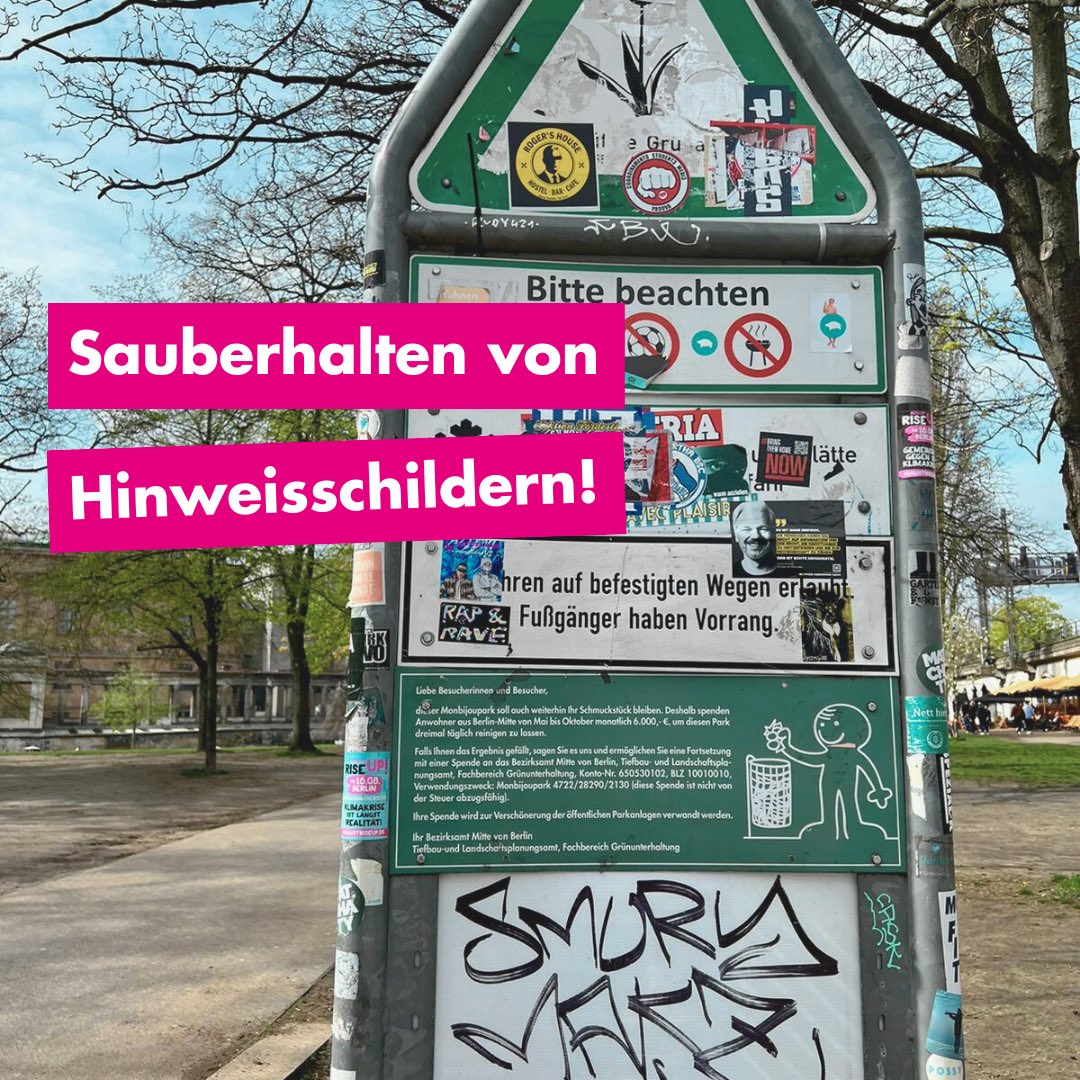 Wir fordern das Bezirksamt auf, die Schmierereien an stadteigenen Hinweisschildern, insbesondere im Monbijoupark, zu entfernen. Zudem soll geprüft werden, welche weiteren Hinweisschilder in den Parkanlagen von Mitte gereinigt werden müssen. #BVVMitte #fdp #bvvmitte