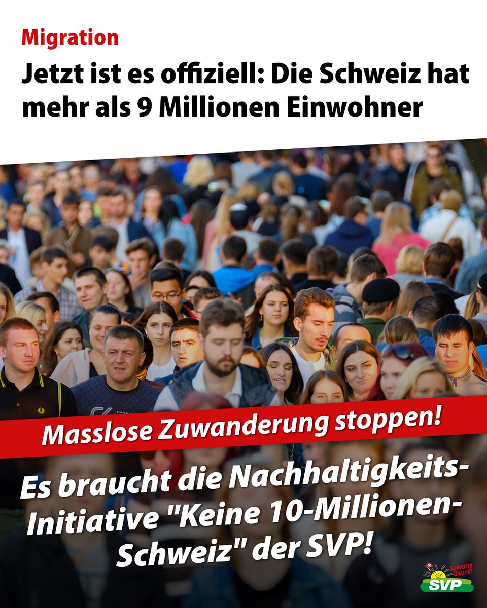 Die 10-Millionen-Schweiz ist bald Realität: Seit Juni hat die Schweiz bereits über 9 Millionen Einwohner. Mit massiven Folgen für unser Land: Wohnungsnot, explodierende Mieten und Gesundheitskosten, Staus und verstopfte Strassen.

👉🏼 srf.ch/news/schweiz/s…