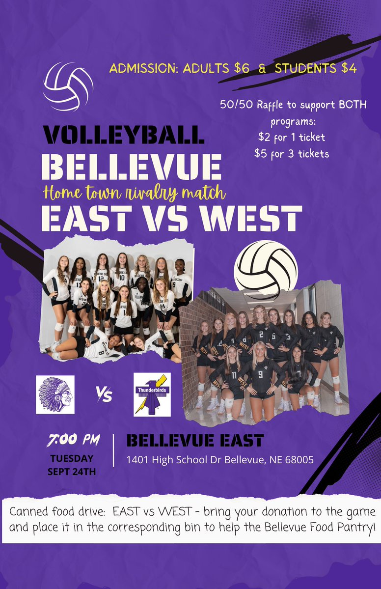 afaiman9's tweet image. 🥫CANNED FOOD DRIVE🥫 #WESTvsEAST
SEPTEMBER 24TH 7PM at Bellevue East 
#CANNEDFOODDRIVE Please bring your donations to the game.  *Admission is still $6 for Adults and $4 for Students*
@B_W_Volleyball @TbirdEMPIRE