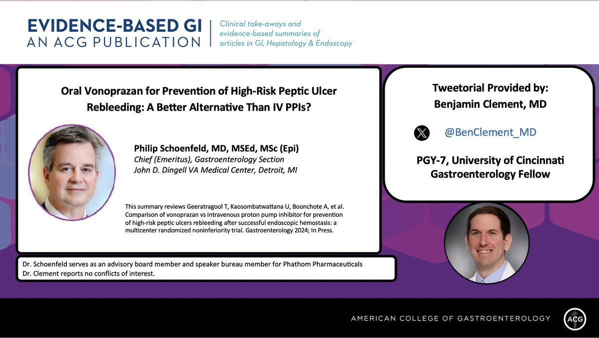 Evidence-Based GI: An ACG Publication (EBGI) (@acg_ebgi) on Twitter photo 1/ ⏰ for #EBGI Tweetorial🧵 w/<a href="/BenClement_MD/">Benjamin Clement, MD</a>!
“Oral Vonoprazan for Prevention of High-Risk Peptic Ulcer Rebleeding: A Better Alternative Than IV PPIs?
📜 Summary: shorturl.at/d6yjL
🎧 shorturl.at/b6MJC
📰 shorturl.at/ZfZzA 1/ ⏰ for #EBGI Tweetorial🧵 w/<a href="/BenClement_MD/">Benjamin Clement, MD</a>!
“Oral Vonoprazan for Prevention of High-Risk Peptic Ulcer Rebleeding: A Better Alternative Than IV PPIs?
📜 Summary: shorturl.at/d6yjL
🎧 shorturl.at/b6MJC
📰 shorturl.at/ZfZzA