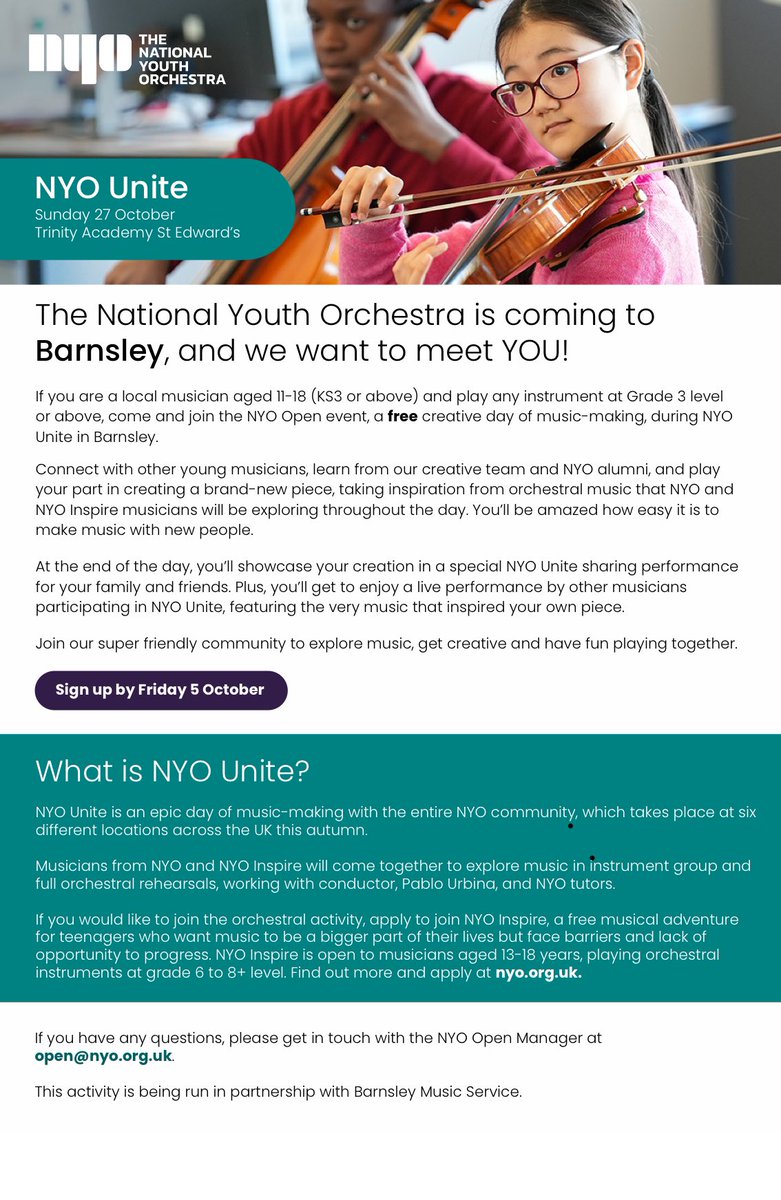 Barnsley Music Hub (@barnsleymushub) on Twitter photo 📆 Sunday 27 October 2024
🗺️ <a href="/TrinityAcadStE/">Trinity Academy St Edward’s</a> <a href="/TASEMusic/">TASE Music</a>
Sign up here: tfaforms.com/5142760?tfa_30…
An incredible opportunity not to be missed! #SouthYorkshireMusicHub <a href="/DonMusicHub/">Doncaster Music Hub</a> <a href="/RotherhamMusic/">Rotherham Music Hub</a> <a href="/SheffMusicHub/">Sheffield Music Hub</a> <a href="/TheCSYO/">CSYO</a> <a href="/sheffmusicacad/">Sheffield Music Academy</a> <a href="/SouthYorksMCA/">South Yorkshire Mayoral Combined Authority</a> <a href="/NYO_GB/">The National Youth Orchestra</a> <a href="/ace_thenorth/">Arts Council England, North</a> 📆 Sunday 27 October 2024
🗺️ <a href="/TrinityAcadStE/">Trinity Academy St Edward’s</a> <a href="/TASEMusic/">TASE Music</a>
Sign up here: tfaforms.com/5142760?tfa_30…
An incredible opportunity not to be missed! #SouthYorkshireMusicHub <a href="/DonMusicHub/">Doncaster Music Hub</a> <a href="/RotherhamMusic/">Rotherham Music Hub</a> <a href="/SheffMusicHub/">Sheffield Music Hub</a> <a href="/TheCSYO/">CSYO</a> <a href="/sheffmusicacad/">Sheffield Music Academy</a> <a href="/SouthYorksMCA/">South Yorkshire Mayoral Combined Authority</a> <a href="/NYO_GB/">The National Youth Orchestra</a> <a href="/ace_thenorth/">Arts Council England, North</a>