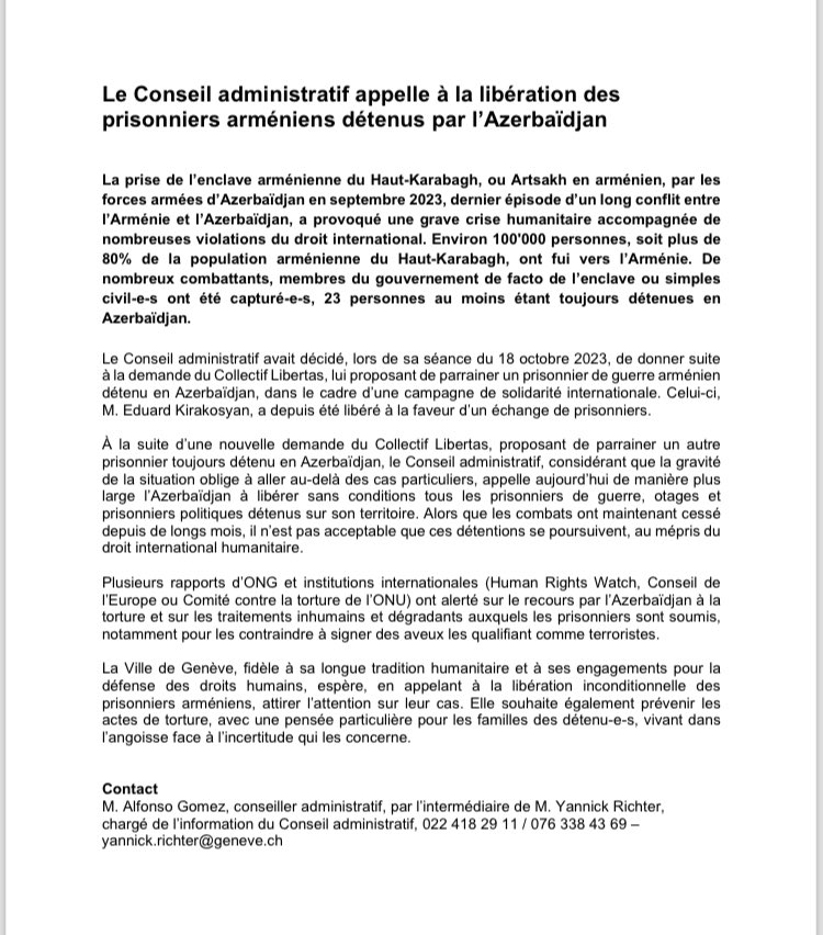 Hyestart (@hyestart_int) on Twitter photo On this 1st anniversary of the ethnic cleansing of NK, the city of Geneva, true to its long humanitarian and Human rights tradition, calls for the unconditional release of the 23 Armenian prisoners abusively detained by Azerbaijan. <a href="/FreeArmenianPOW/">Libertas #FreeArmenianHostages</a> #freeArmenianPows <a href="/SwissMFA/">Swiss MFA</a> On this 1st anniversary of the ethnic cleansing of NK, the city of Geneva, true to its long humanitarian and Human rights tradition, calls for the unconditional release of the 23 Armenian prisoners abusively detained by Azerbaijan. <a href="/FreeArmenianPOW/">Libertas #FreeArmenianHostages</a> #freeArmenianPows <a href="/SwissMFA/">Swiss MFA</a>