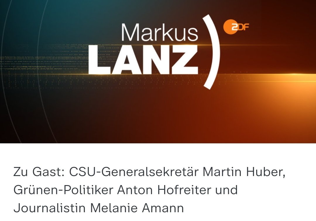 Markus Lanz (@markus__lanz) on Twitter photo 📺23:45 Uhr: Markus #lanz im @zdf
Mit den folgenden Gästen heute Abend:
<a href="/MelAmann/">Melanie Amann</a> , <a href="/MartinHuberCSU/">Martin Huber</a> und <a href="/ToniHofreiter/">Toni Hofreiter</a> 📺23:45 Uhr: Markus #lanz im @zdf
Mit den folgenden Gästen heute Abend:
<a href="/MelAmann/">Melanie Amann</a> , <a href="/MartinHuberCSU/">Martin Huber</a> und <a href="/ToniHofreiter/">Toni Hofreiter</a>