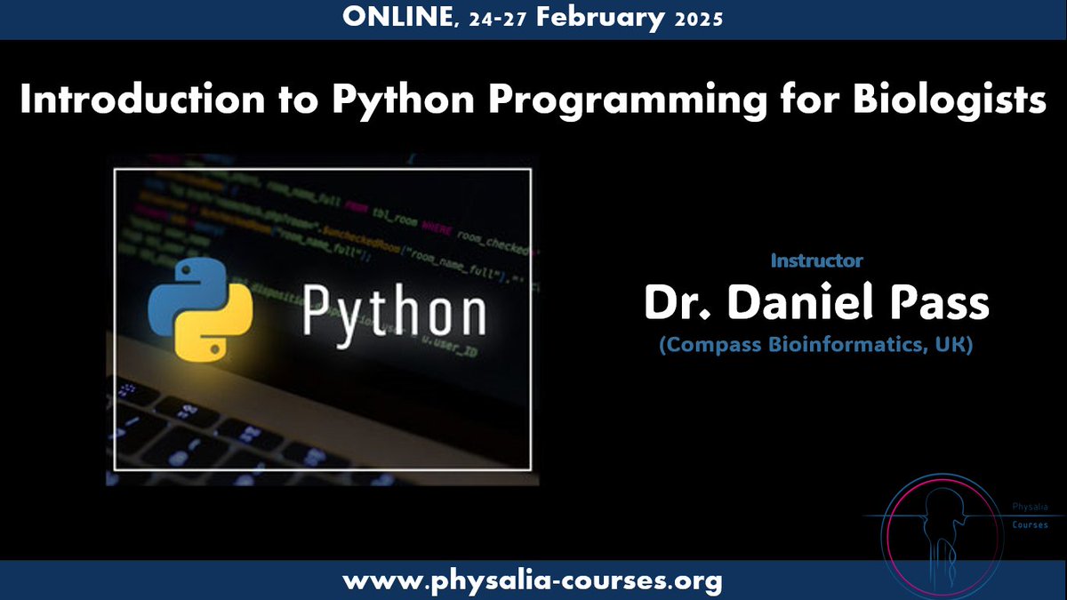 🐍📊 Biologists, ready to dive into Python? Join our online "Intro to Python Programming for Biologists" course with  <a href="/passDan/">Daniel Pass</a>, Feb 24-27, 2025! 🌍💻 Learn coding essentials through hands-on projects! #PythonForBiologists #Bioinformatics

physalia-courses.org/courses-worksh… <a href="/SciPyTip/">Scientific Python</a>