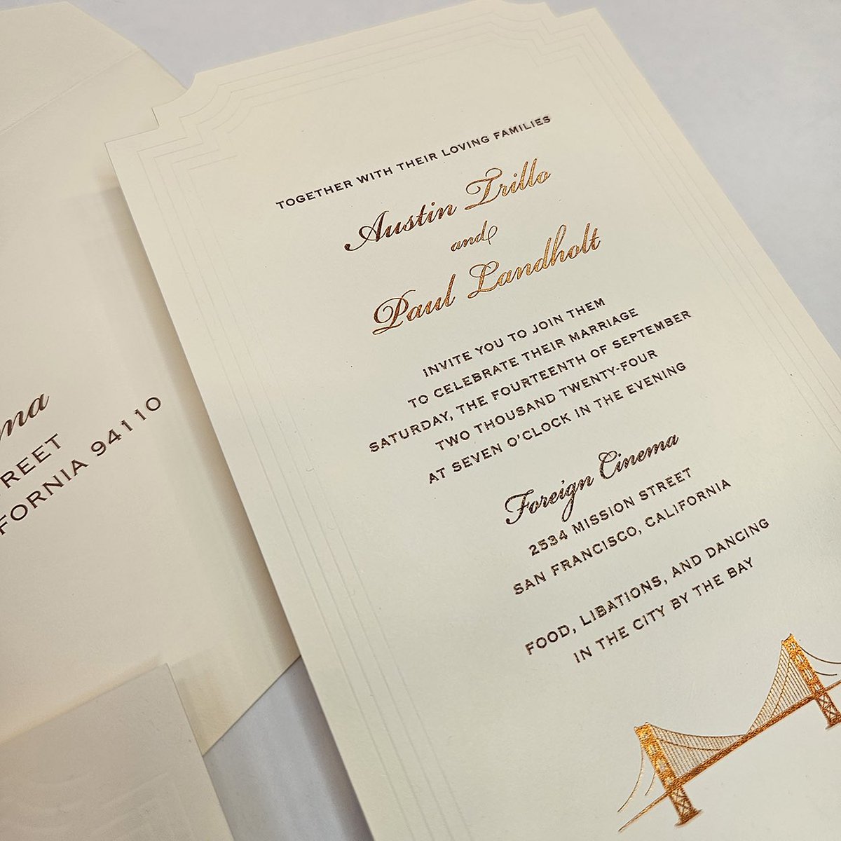 hyegraph's tweet photo. Copper foil Golden Gate Bridge wedding invitations @hyegraph @foreigncinemasf https://t.co/YMzrB7s8bE https://t.co/eFLC2tHuwk