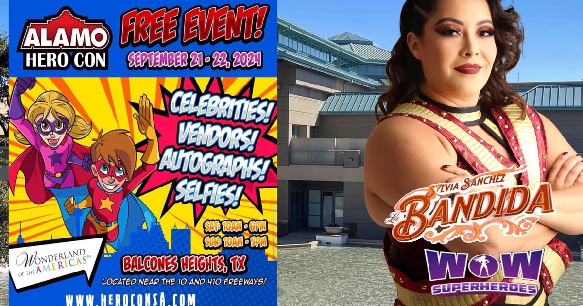 This weekend. Come see <a href="/wow_ssanchez/">Sylvia Sanchez</a> Sylvia from <a href="/wowsuperheroes/">WOW - Women Of Wrestling</a> Saturday September 21st at @AlamoHeroCon from  10am - 6pm at…
Wonderland Of the Americas 
4522 Fredricksburg  Road Balcones Heights 78201.