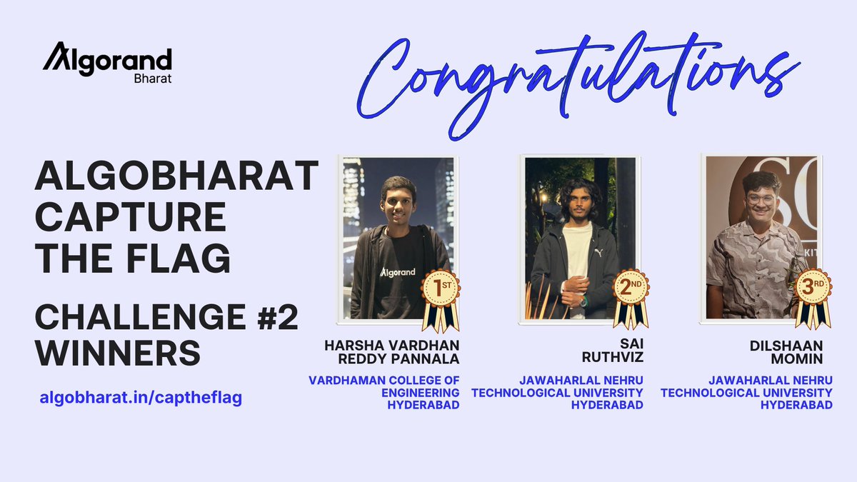 AlgoBharat (@algo_bharat) on Twitter photo Huge shout out to <a href="/pharsha_vardhan/">Harsha Vardhan Reddy Pannala</a>, <a href="/Sai__Ruthviz_/">Sai Ruthviz</a> & <a href="/dilshaan_momin/">Dilshaan Momin</a>, winners of AlgoBharat Capture the Flag Challenge #2. You crushed it! Exclusive swag headed your way shortly.
Everyone who solves the challenge earns points toward cool prizes and opportunities, including a Huge shout out to <a href="/pharsha_vardhan/">Harsha Vardhan Reddy Pannala</a>, <a href="/Sai__Ruthviz_/">Sai Ruthviz</a> & <a href="/dilshaan_momin/">Dilshaan Momin</a>, winners of AlgoBharat Capture the Flag Challenge #2. You crushed it! Exclusive swag headed your way shortly.
Everyone who solves the challenge earns points toward cool prizes and opportunities, including a