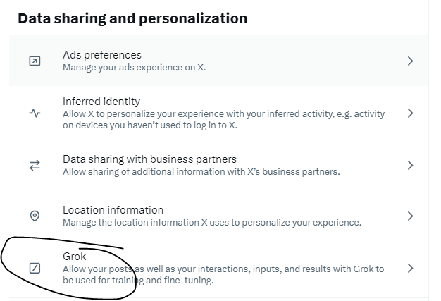 Hi All, Twitter auto-opts-in you to help train Grok. You can turn it off under settings if you don't want them using your data: