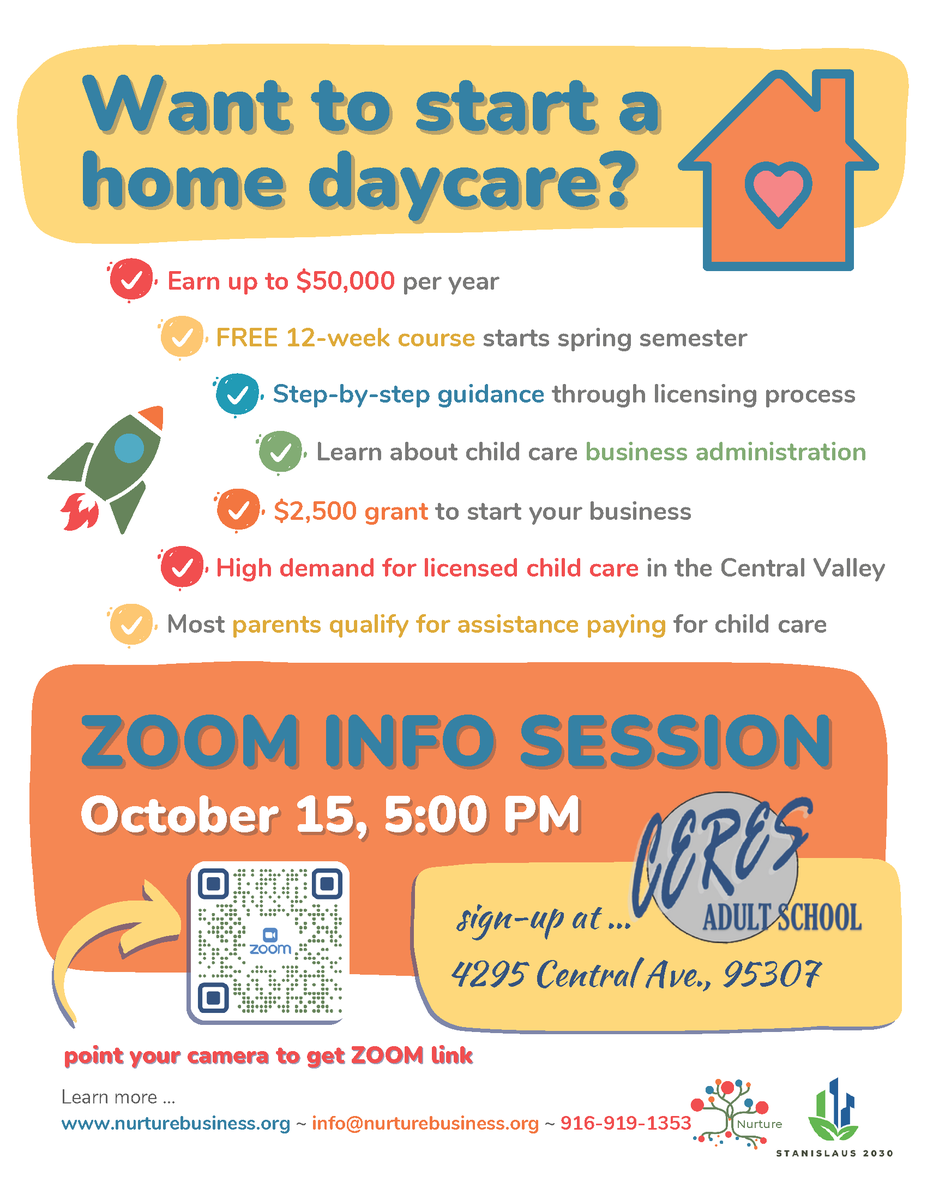 CeresAdult's tweet photo. Are you passionate about nurturing young minds and considering starting a home daycare?  Join us for an Information Night where you’ll get all the details you need to get started! Don’t miss out! Register in person at Ceres Adult School to secure your spot. https://t.co/11Yljyns8k