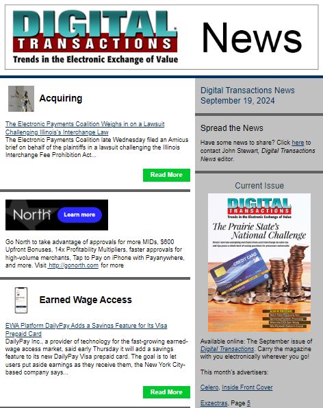 DTPaymentNews's tweet photo. Today's Digital Transactions News: Controversy Around Illinois's Interchange Law; DailyPay's Savings Feature; Card91's Digital Prepaid Card
https://t.co/YtytnHNxRa 
 #illinois #interchange #dailypay #earnedwageaccess #ewa #savings #card91 #cellpointdigital #adyen #defensestorm https://t.co/UaL74girTC
