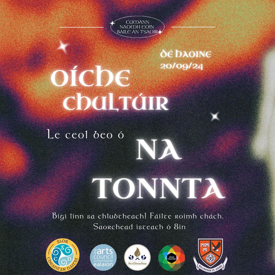 Meabhrú, a chairde, go mbeidh ár ndoirse oscailte óna 8in ar Oíche Chultúir, Aoine 20/09/24. Beidh an banna ceoil iontach Na Tonnta, imreoir dár gcuidse Eoghan ina measc, ag seinm dúinn. Fáilte mhór roimh gach duine ar aois 12+ a bheith linn d’oíche lán le craic ‘s ceoil! #BSJABU